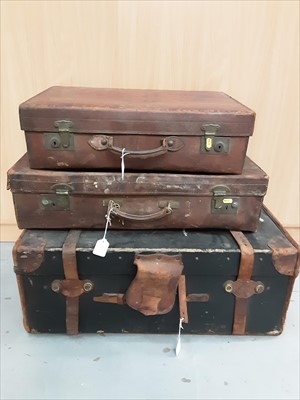 Lot 890 - Good quality leather Edwardian travel trunk with workshop stamp in Manchester, together with two leather suitcases with brass fittings