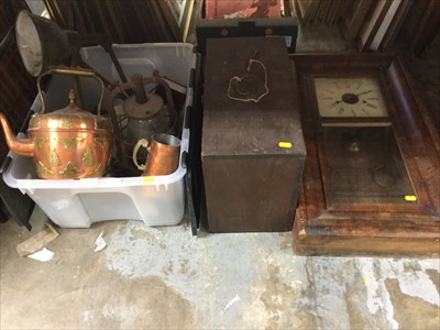 Lot 334 - American vintage sewing machine in wooden case, regulator wall clock, together with metal welders lamp and other items