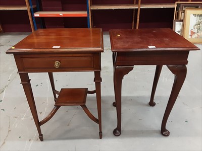 Lot 875 - Edwardian mahogany side table with single drawer on square taper legs and spade feet with under tier and one other side table with rising lid (2)