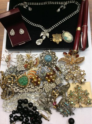 Lot 671 - Group of marcasite and other Vintage costume jewellery, together with two pens