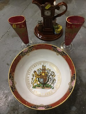 Lot 208 - Royal Worcester Elizabeth II jubilee bowl, limited edition of 1000, together with pair of Continental glass vases and novelty ceramic jug.