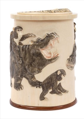 Lot 653 - Early 20th century carved and stained ivory tusk vase with hippo and animal decoration