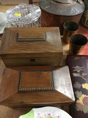 Lot 422 - Two George IV tea caddies, copper kettle, cut glass caddy with cover and sundries