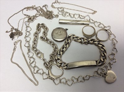 Lot 656 - Group silver jewellery including heart pendant necklace, similar bracelet, rings, chains etc