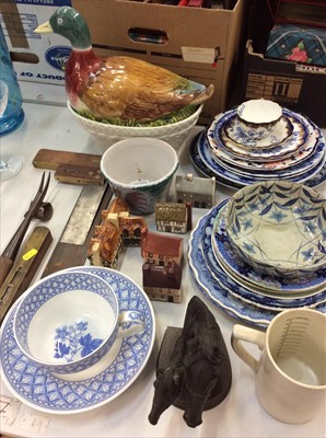 Lot 450 - Group of various blue and white and other decorative ceramics together with two vintage set squares and some other vintage tools