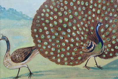 Lot 967 - Antique Naive School oil on panel - Peacock and Hen in landscape, in simulated maple frame