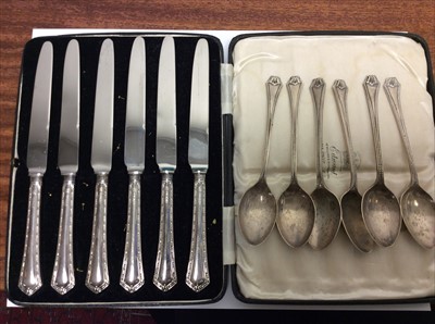 Lot 661 - Set six silver teaspoons and set six silver handled knives in fitted case