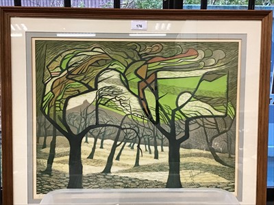Lot 176 - Arthur Homeshaw (1933-2011) linocut, Autumn Orchard, signed, inscribed ands numbered 1/18