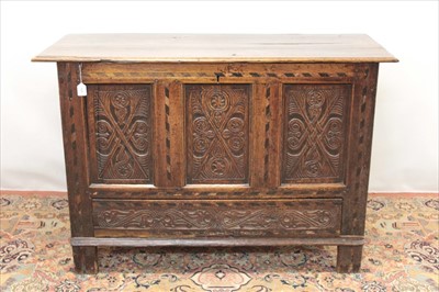 Lot 1335 - 17th century oak and barber pole inlaid mule chest