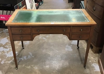 Lot 956 - Edwardian mahogany inlaid writing desk with tooled green leather top, five drawers below standing on square tapered legs