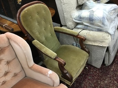 Lot 993 - Victorian mahogany framed easy chair with turned legs and green buttoned upholstry together with an Edwardian inlaid corner chair (2)