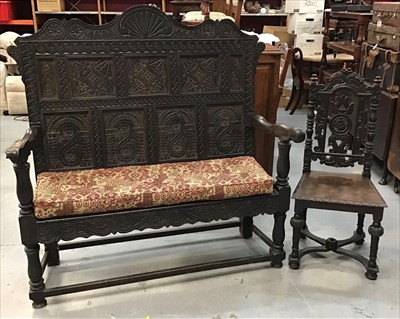 Lot 927 - Victorian carved oak settle together with a carved oak hall chair