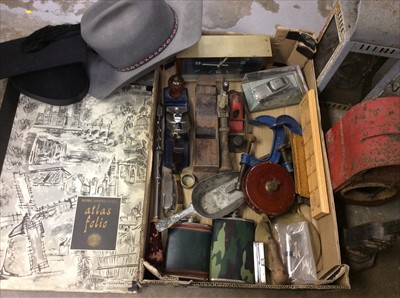 Lot 424 - Two boxes of sundries including tools, hats, atlas etc