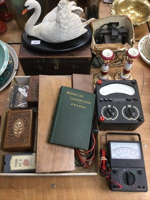 Lot 328 - Collection of various items to include Swan ornament, Avometer, wooden boxes, paint tins and other items