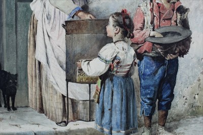 Lot 103 - Teodora Reyman, Italian 19th century, watercolour - The Wineseller, signed and inscribed Roma, in glazed frame, 60cm x 41cm