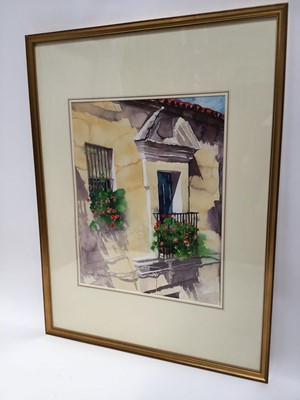 Lot 127 - Richard Akerman (b. 1942) watercolour, Red Geraniums on the balcony, signed, Chris Beetles gallery label verso