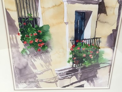Lot 127 - Richard Akerman (b. 1942) watercolour, Red Geraniums on the balcony, signed, Chris Beetles gallery label verso