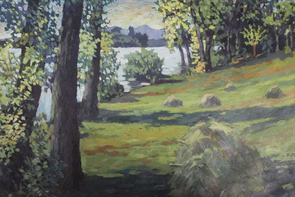 Lot 1039 - Annabel Gosling (b.1942) oil on unstretched canvas - lakeside landscape, signed, 59.5cm x 75cm, together with another oil on board - Continental courtyard, signed, 61cm x 91cm, both unframed