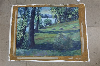 Lot 1039 - Annabel Gosling (b.1942) oil on unstretched canvas - lakeside landscape, signed, 59.5cm x 75cm, together with another oil on board - Continental courtyard, signed, 61cm x 91cm, both unframed