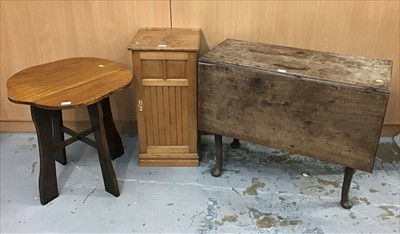 Lot 910 - Edwardian oak bedside table, oak table with shaped top, 18th century drop leaf table