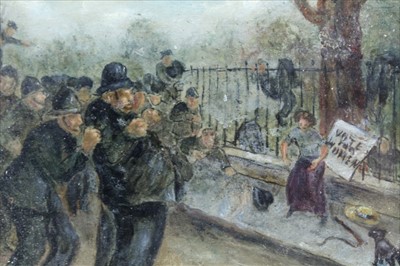 Lot 1006 - Suffragette Interest, early 20th, oil on board - The Arrest, inscribed verso, in glazed frame, 16cm x 21.5cm