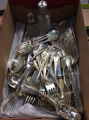 Lot 676 - Three silver forks, plated flatware and silver topped cut glass scent bottle