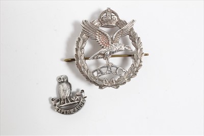 Lot 610 - Scarce Second World War Silver Army Air Corps cap badge (Birmingham 1942), Maker J.R. Gaunt & Sons together with a silver badge (2)