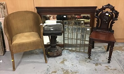 Lot 921 - Victorian mahogany hall chair, rosewood piano stool, brass framed fire screen, loom chair and a mahogany framed overmantle (5)