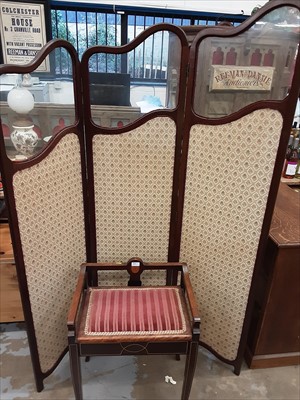 Lot 984 - Good quality mahogany framed three fold dressing screen with glazed and fabric panels and an inlaid piano stool (2)