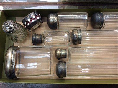 Lot 692 - Group silver topped glass scent bottles and continental silver enamelled salt