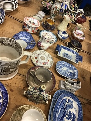 Lot 11 - Group of mostly 19th century English ceramics to include blue and white miniature ashets, trinket pots and other pieces