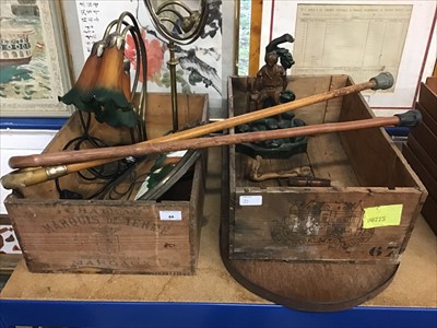 Lot 44 - Two vintage wooden wine boxes, cast iron door stop, brass mirror, two corkscrews and sundries