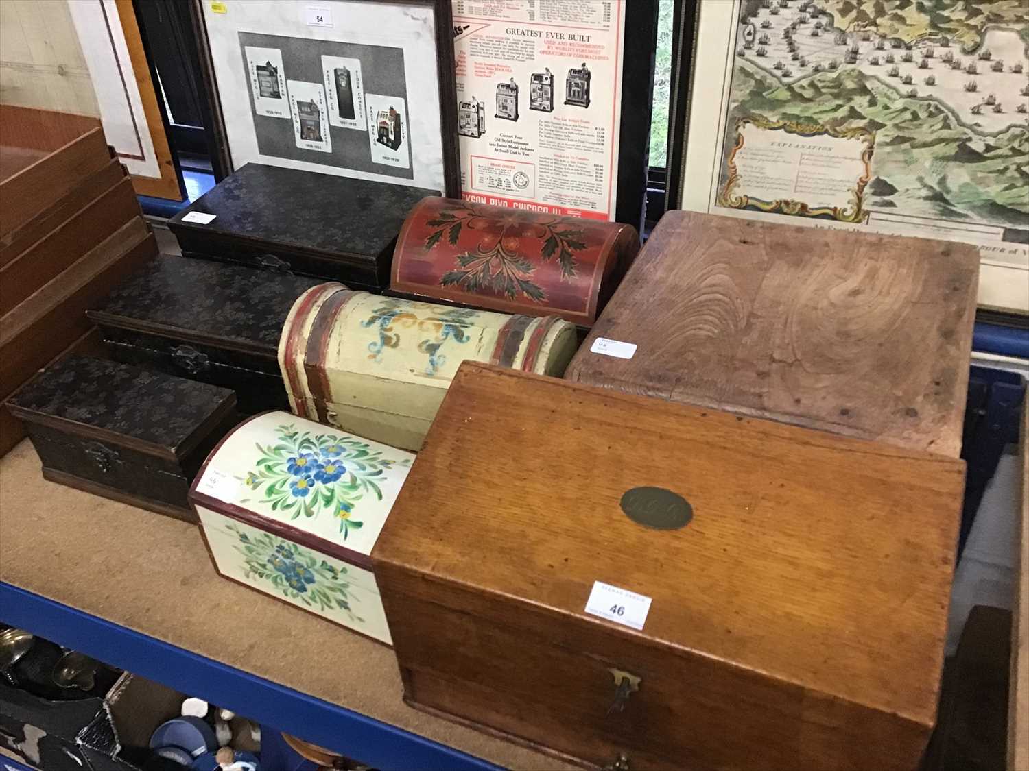 Lot 46 - Edwardian oak stationery cabinet, assorted painted boxes and a wooden stool