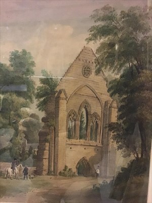 Lot 85 - Follower of David Cox, 19th century watercolour - figures before church ruins, bearing signature and dated 1844, in glazed gilt frame, 36cm x 26cm