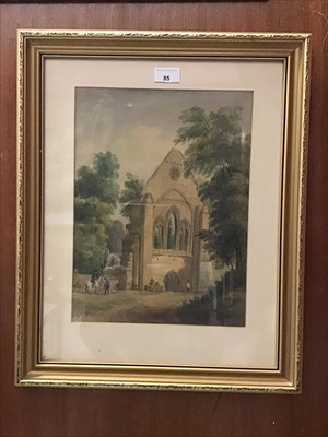 Lot 85 - Follower of David Cox, 19th century watercolour - figures before church ruins, bearing signature and dated 1844, in glazed gilt frame, 36cm x 26cm