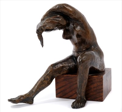 Lot 951 - *Michael Ayrton (1921-1975) bronze sculpture - Woman Wringing Out Her Hair, conceived in 1959, on wooden base, 26.5cm high