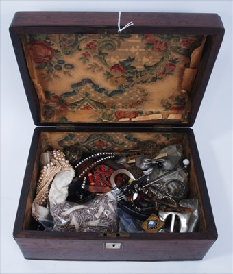 Lot 65 - Wooden work box containing vintage beads, buckles, sewing items and bijouterie