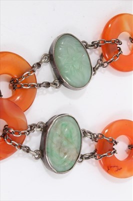 Lot 183 - Chinese green hardstone and carnelian necklace, together with another green hardstone necklace