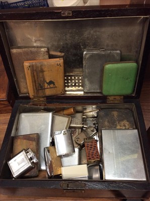 Lot 495 - Mahogany humidor containing various cigarette cases and lighters