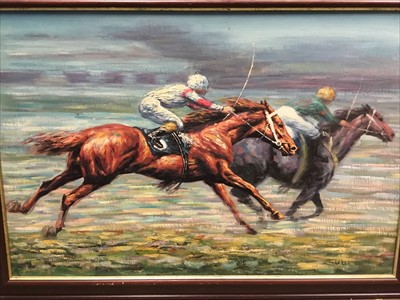 Lot 190 - Contemporary oil on canvas study of race horses, signed Dufford, mounted in wooden frame