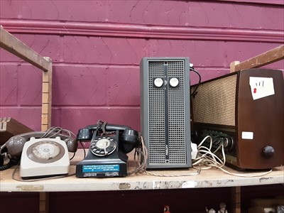 Lot 514 - Vintage telephones, tin trunk, Ferguson radio, oil lamp parts and other sundries