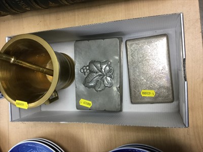 Lot 367 - Eastern white metal cigarette case , brass pestle and mortar and pewter cigarette box