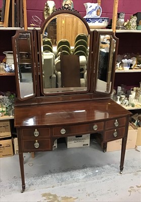 Lot 959 - Edwardian mahogany inlaid bowfront dressing table with triptych mirrored back five drawers below on square tapered legs