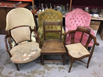 Lot 969 - Victorian button back nursing chair, Lloyd Loom elbow chair, three further chairs (6)