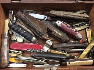 Lot 498 - Collection various penknives within wooden inlaid work box