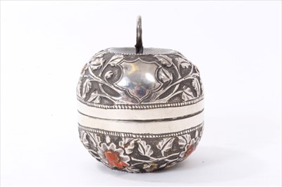 Lot 237 - Indian white metal pot and cover,  in the shape of an apple, marks to handle