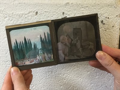 Lot 1960 - Antique magic lantern with a collection of glass lantern slides
