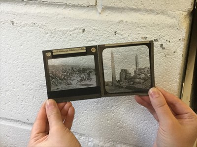 Lot 1960 - Antique magic lantern with a collection of glass lantern slides