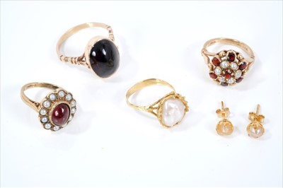 Lot 460 - Three Victorian style gold and garnet dress rings together with baroque pearl ring (not tested for natural origin) in 18ct gold setting and a pair of similar stud earrings