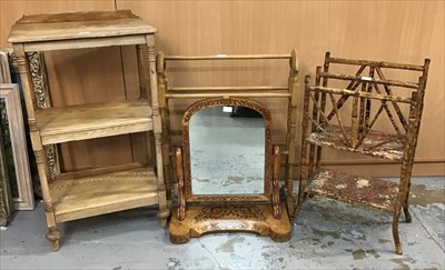 Lot 930 - Victorian bamboo magazine rack, oak three tier unit, inlaid dressing table mirror and a towel rail (4)